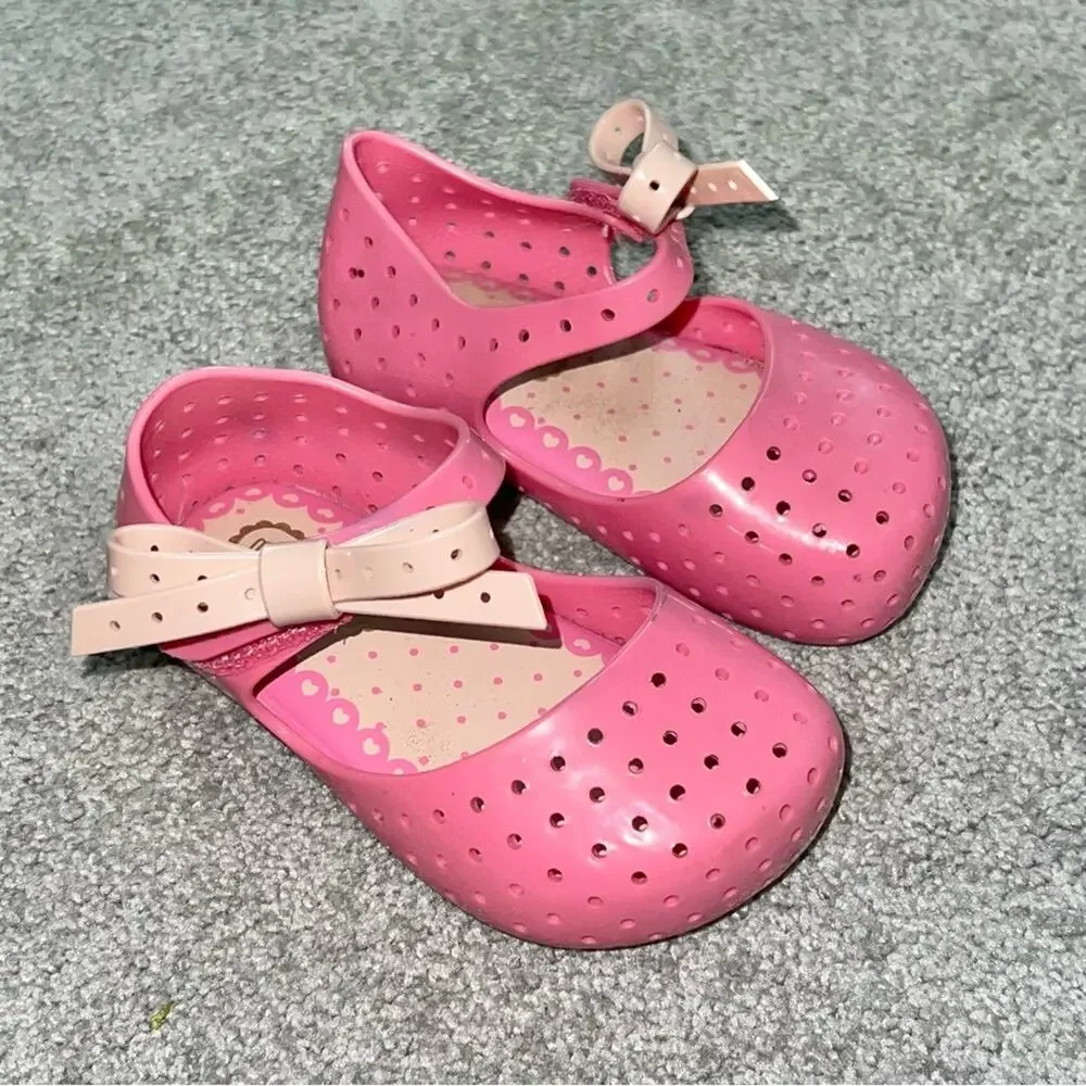 21 Mini Melissa Furadinah Pink Jelly PVC Perforated Mary Jane Flat Bow Sandals